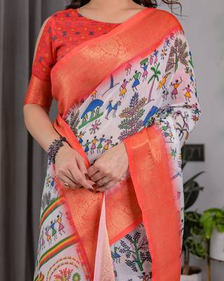 Pure handloom linen floral printed saree with blouse 4