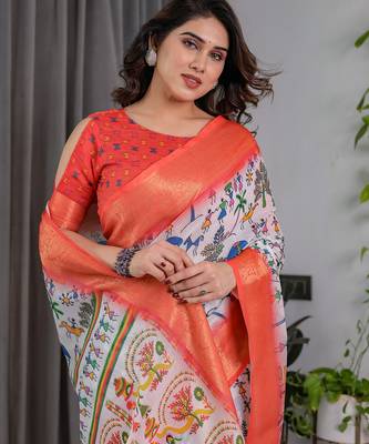 Pure handloom linen floral printed saree with blouse 5