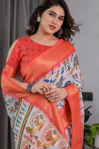 Pure handloom linen floral printed saree with blouse