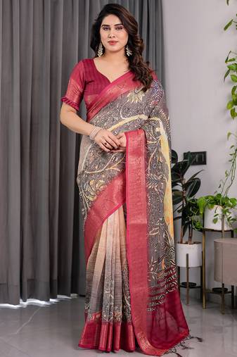 Pure handloom linen floral printed saree with blouse