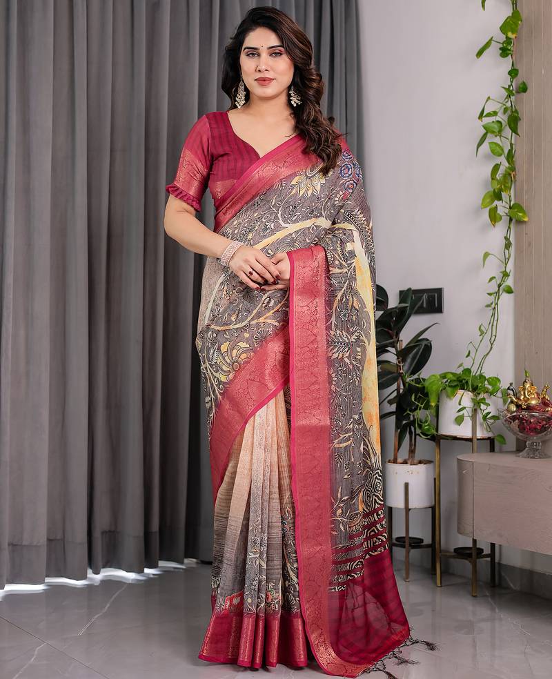 Pure handloom linen floral printed saree with blouse