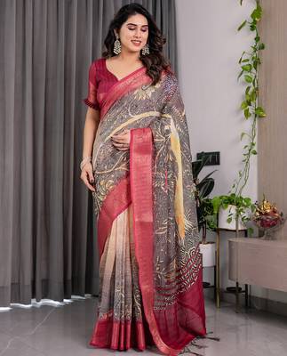 Pure handloom linen floral printed saree with blouse 2