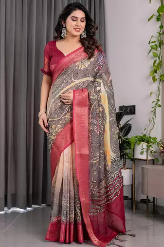 Pure handloom linen floral printed saree with blouse