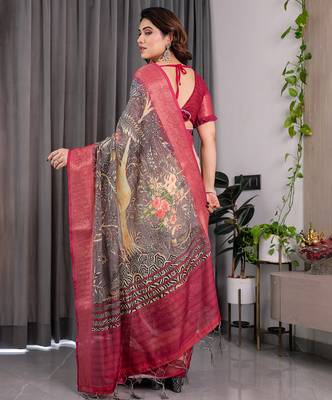 Pure handloom linen floral printed saree with blouse 3