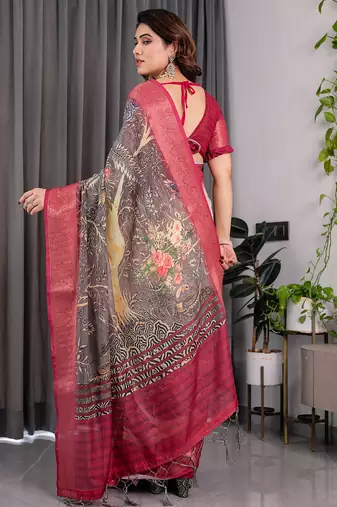 Pure handloom linen floral printed saree with blouse