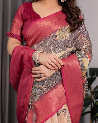 Pure handloom linen floral printed saree with blouse 5