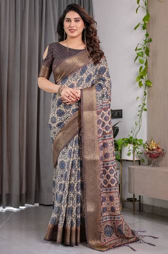 Pure handloom linen floral printed saree with blouse
