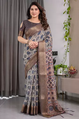 Pure handloom linen floral printed saree with blouse