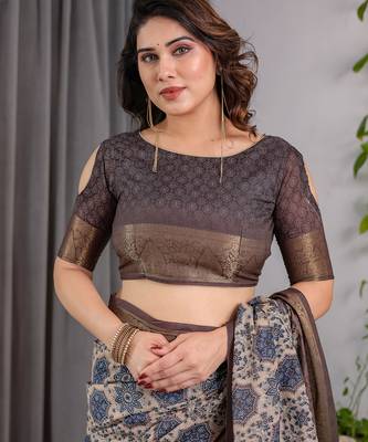 Pure handloom linen floral printed saree with blouse 4
