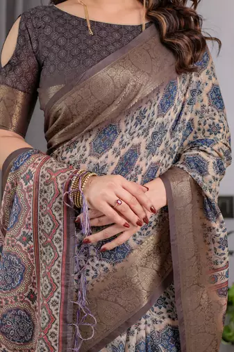 Pure handloom linen floral printed saree with blouse