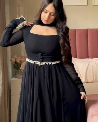 black color fancy lace border faux georgette 3