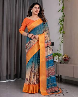 Pure handloom linen floral printed saree with blouse 1