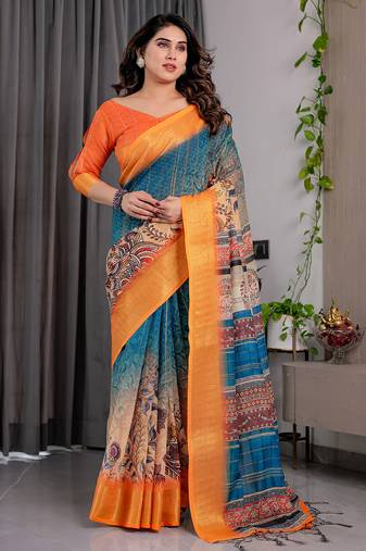 Pure handloom linen floral printed saree with blouse