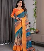 Pure handloom linen floral printed saree with blouse