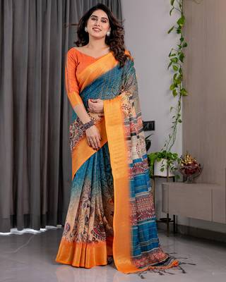 Pure handloom linen floral printed saree with blouse 2