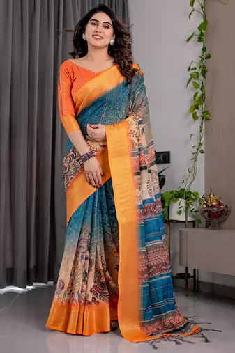 Pure handloom linen floral printed saree with blouse