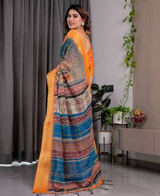 Pure handloom linen floral printed saree with blouse 3