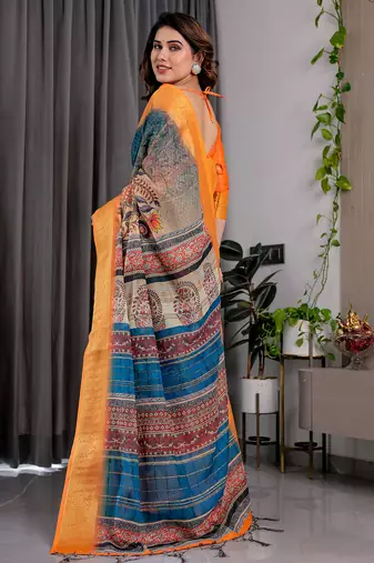 Pure handloom linen floral printed saree with blouse