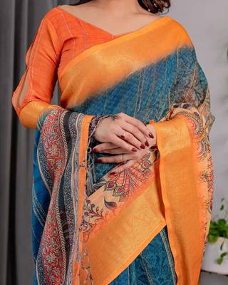 Pure handloom linen floral printed saree with blouse 5