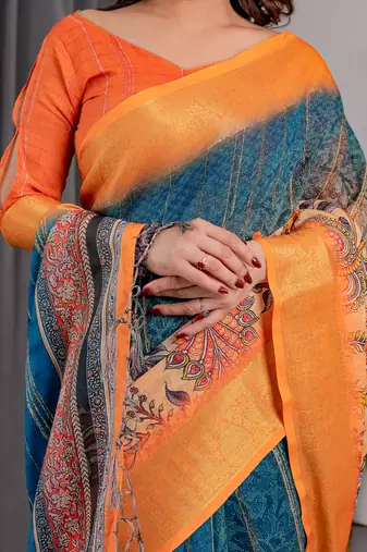 Pure handloom linen floral printed saree with blouse