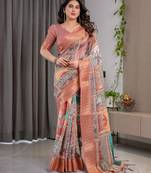 Pure handloom linen floral printed saree with blouse