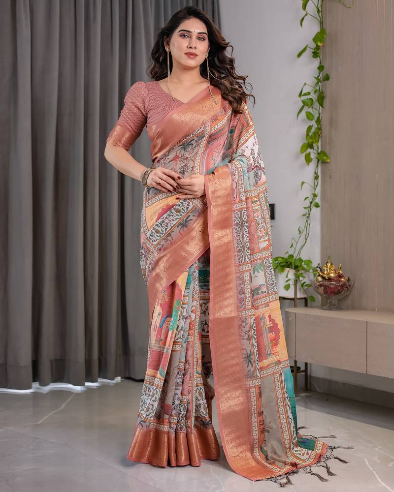 Pure handloom linen floral printed saree with blouse