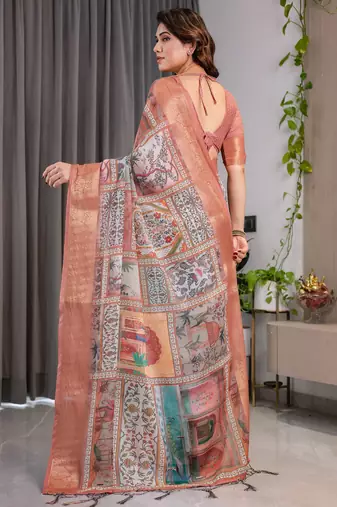 Pure handloom linen floral printed saree with blouse
