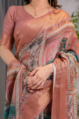 Pure handloom linen floral printed saree with blouse