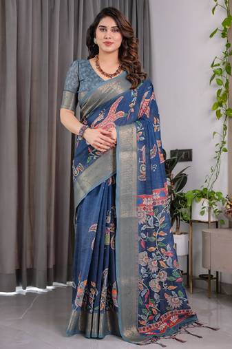 Pure handloom linen floral printed saree with blouse