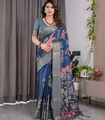 Pure handloom linen floral printed saree with blouse