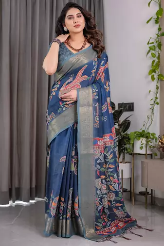 Pure handloom linen floral printed saree with blouse