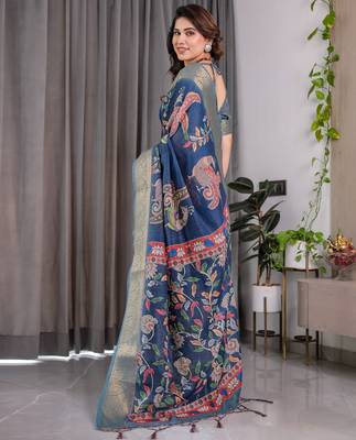 Pure handloom linen floral printed saree with blouse 3