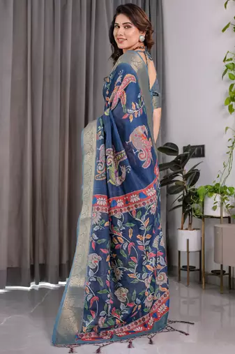 Pure handloom linen floral printed saree with blouse