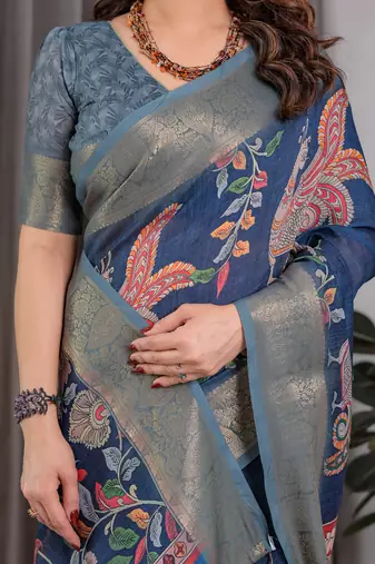 Pure handloom linen floral printed saree with blouse