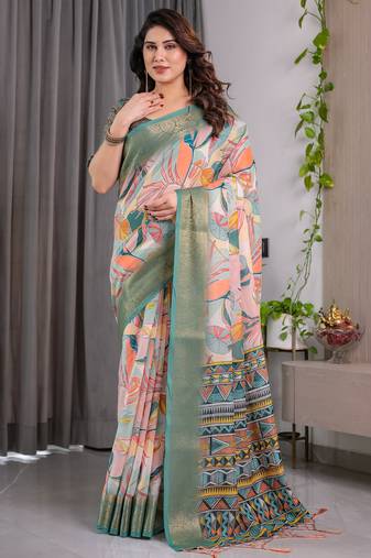 Pure handloom linen floral printed saree with blouse