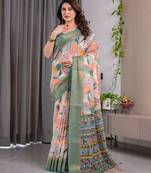 Pure handloom linen floral printed saree with blouse