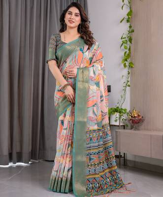 Pure handloom linen floral printed saree with blouse 2