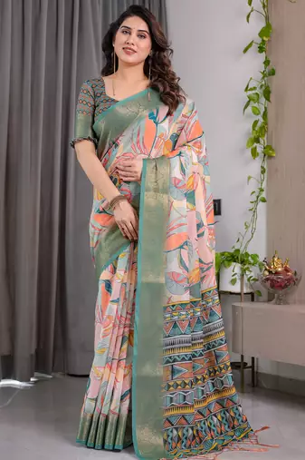 Pure handloom linen floral printed saree with blouse
