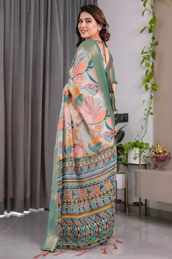 Pure handloom linen floral printed saree with blouse