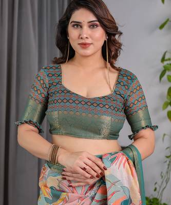 Pure handloom linen floral printed saree with blouse 4