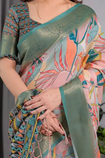Pure handloom linen floral printed saree with blouse