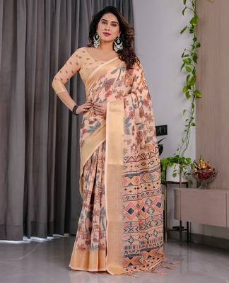 Pure handloom linen floral printed saree with blouse 1