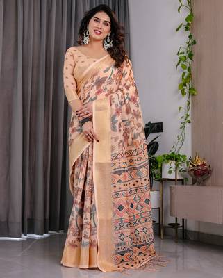 Pure handloom linen floral printed saree with blouse 2