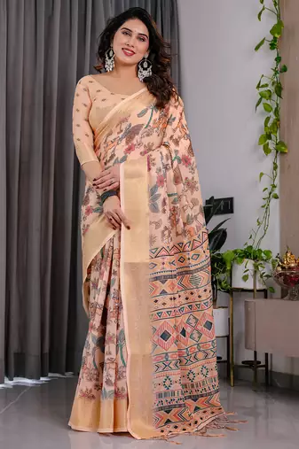 Pure handloom linen floral printed saree with blouse
