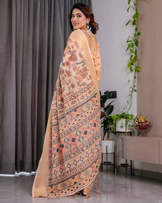 Pure handloom linen floral printed saree with blouse 3