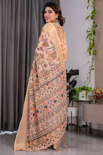 Pure handloom linen floral printed saree with blouse