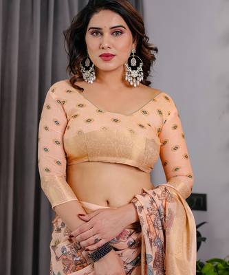Pure handloom linen floral printed saree with blouse 4