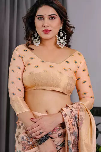 Pure handloom linen floral printed saree with blouse