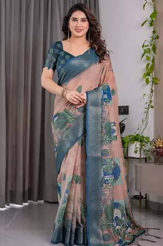 Pure handloom linen floral printed saree with blouse