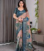 Pure handloom linen floral printed saree with blouse